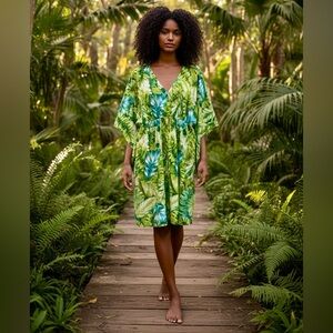 Natori Kaftan Dress Womens XL Green Blue Tropical Leaf Print Kimono Resort